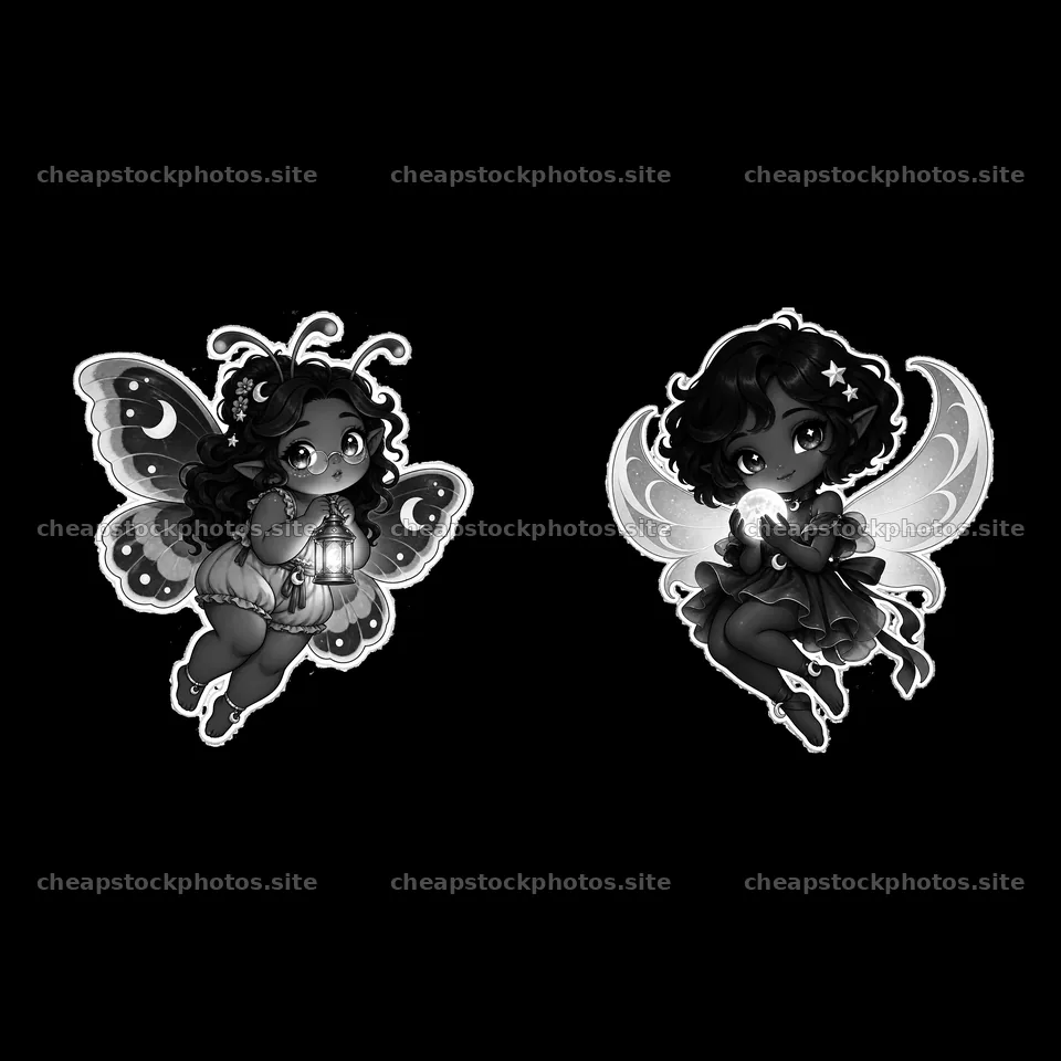 Kawaii chubby fairies with wings and lanterns in black and white – stock photos 7746x7746