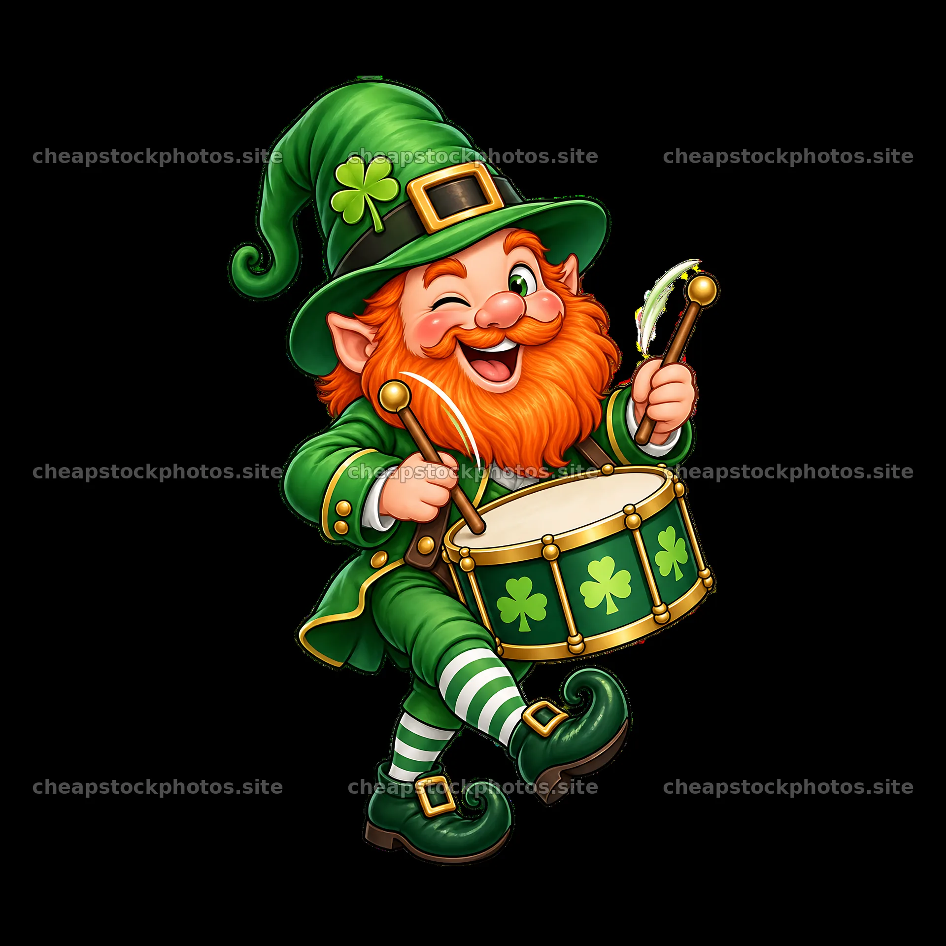 St. Patrick's Day gnome playing a drum in festive attire – stock photos 7746x7746