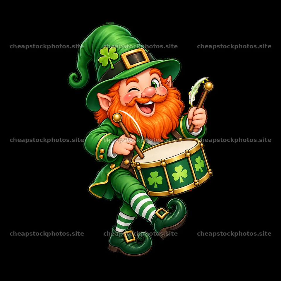 St. Patrick's Day gnome playing a drum in festive attire – stock photos 7746x7746