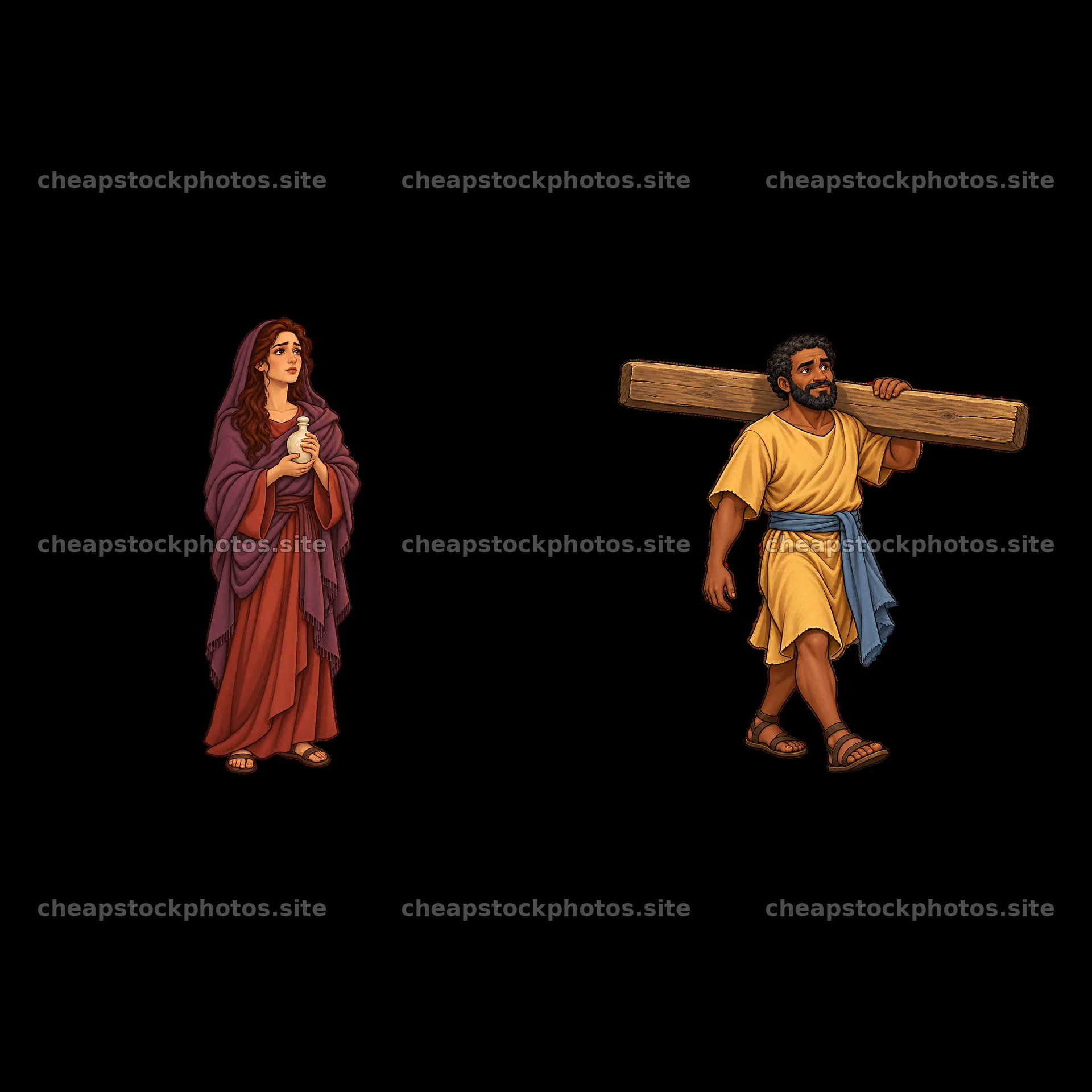 Jesus carrying the cross and Mary standing with a gesture – stock photos 7746x7746