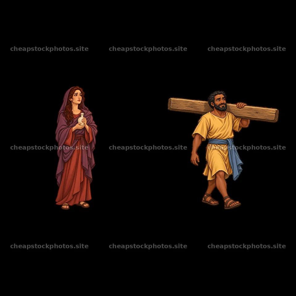 Jesus carrying the cross and Mary standing with a gesture – stock photos 7746x7746