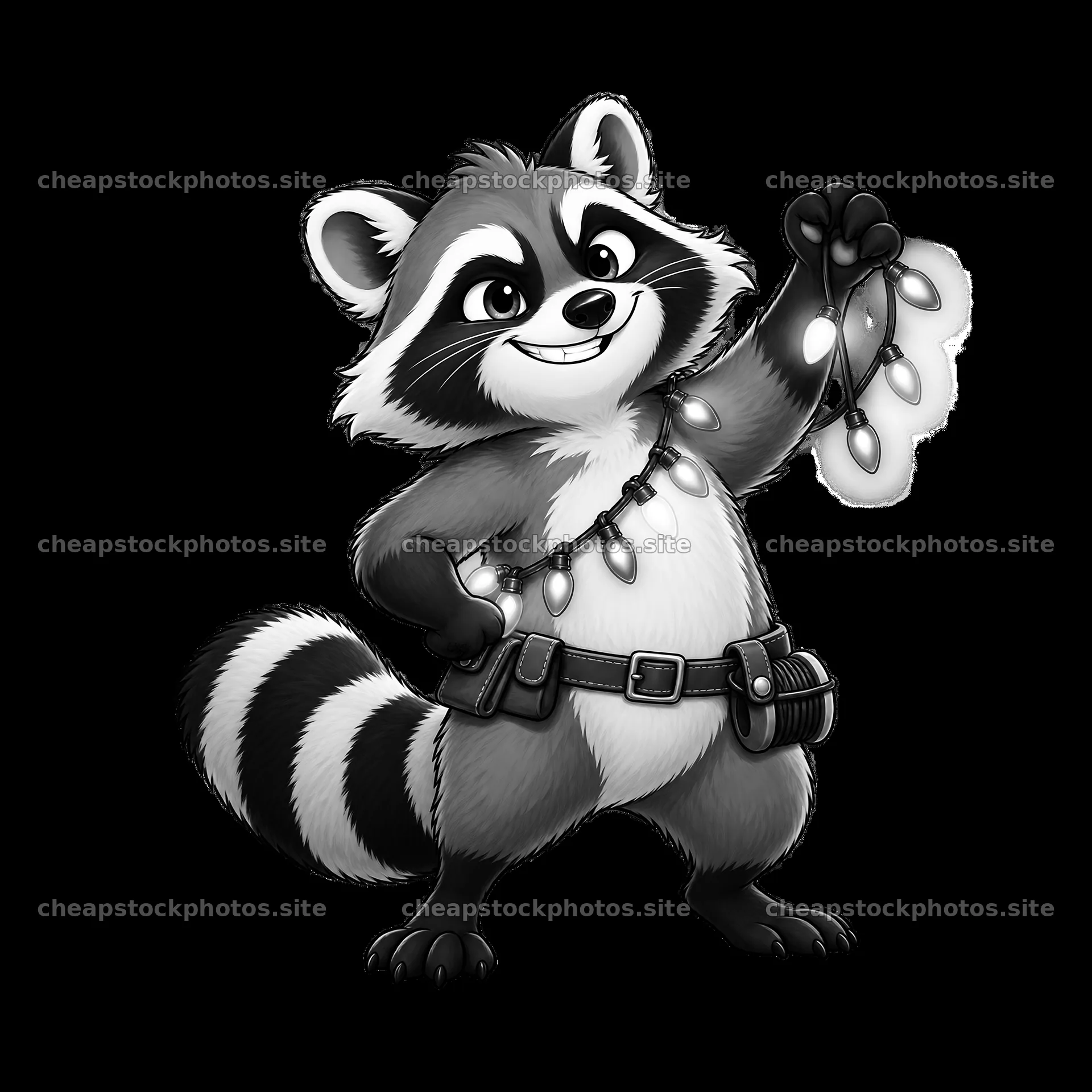 Raccoon holding string lights in a playful pose – stock photos 7746x7746