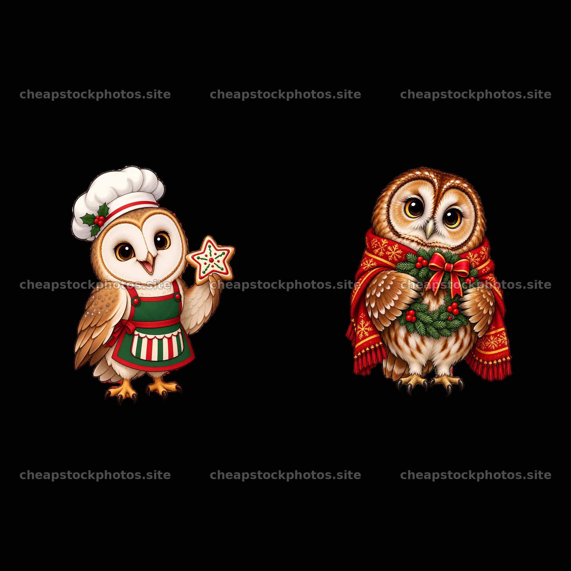 Christmas owls wearing festive outfits and accessories – stock photos 7746x7746