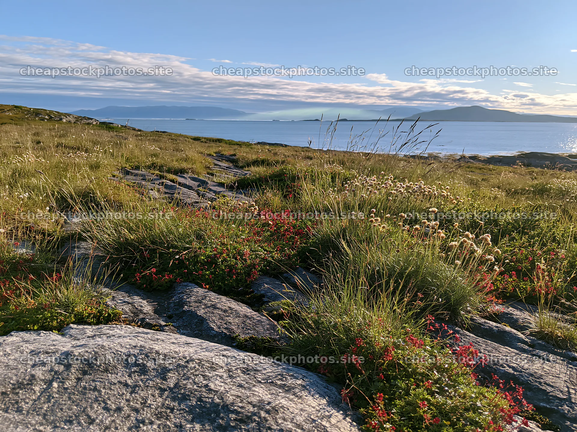 Aurora meadow coast with rocky shore and distant islands – stock photos 9174x6866