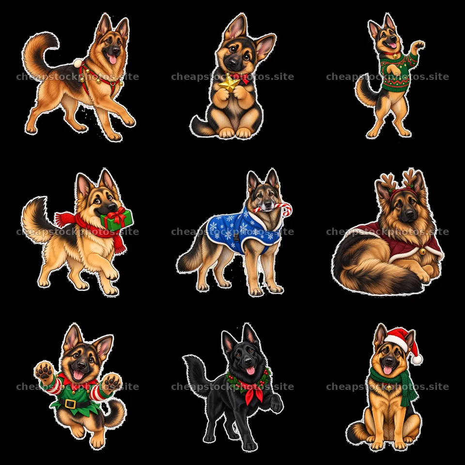German shepherd dogs celebrating Christmas in festive attire – stock photos 7746x7746