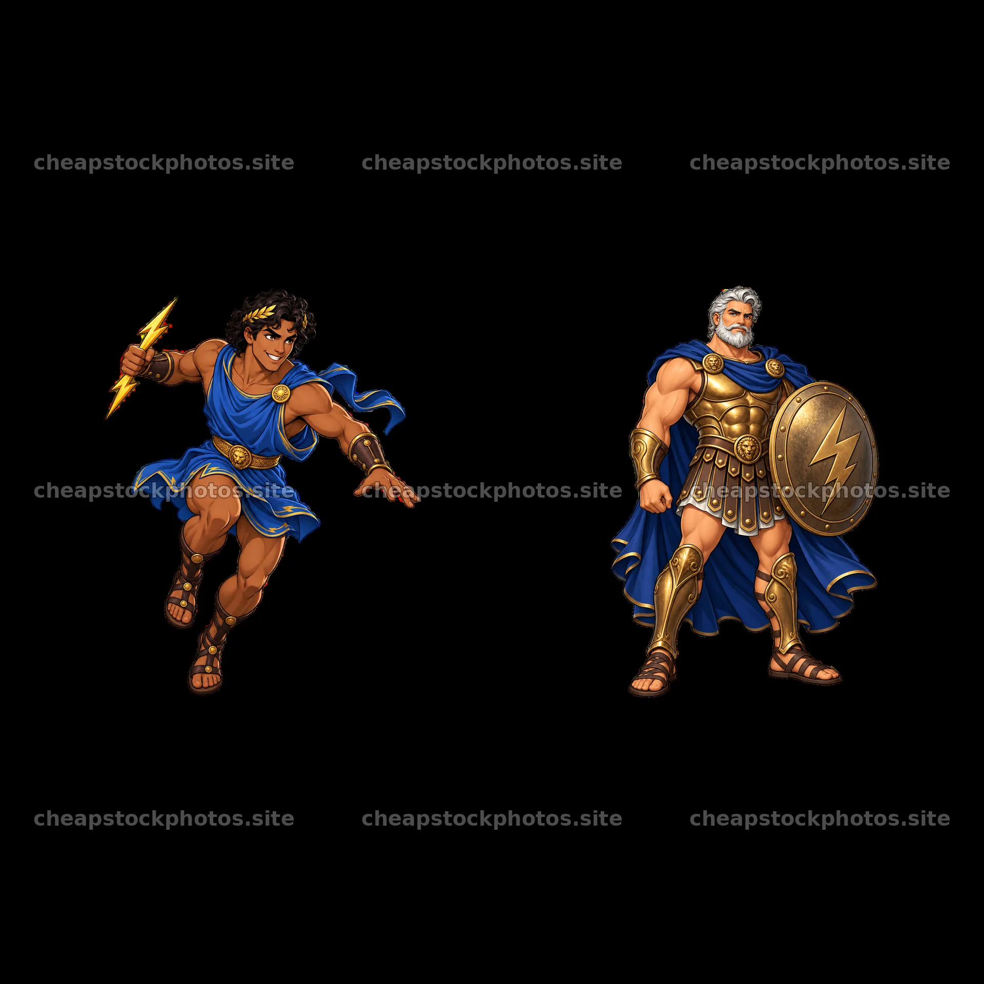 Zeus and Hercules in action with lightning bolt and shield – stock photos 7746x7746