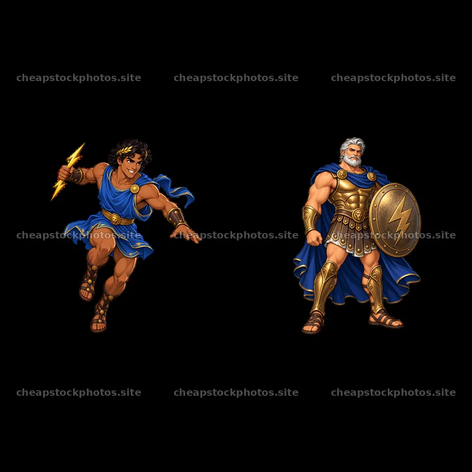 Zeus and Hercules in action with lightning bolt and shield – stock photos 7746x7746