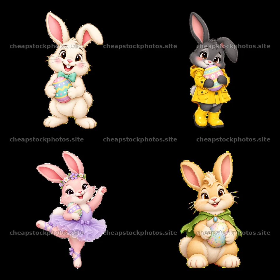 Easter bunny characters with eggs in a playful grid layout – stock photos 7746x7746