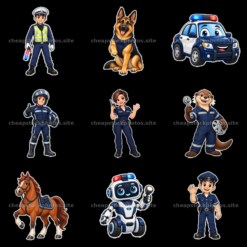 Cartoon police figures and dog in a 3x3 grid layout – stock photos 7746x7746