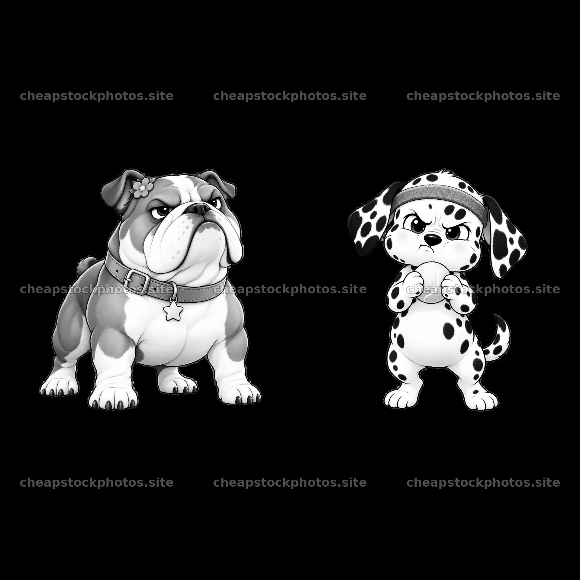 Kawaii grumpy dog duo with expressive faces and distinct poses – stock photos 7746x7746