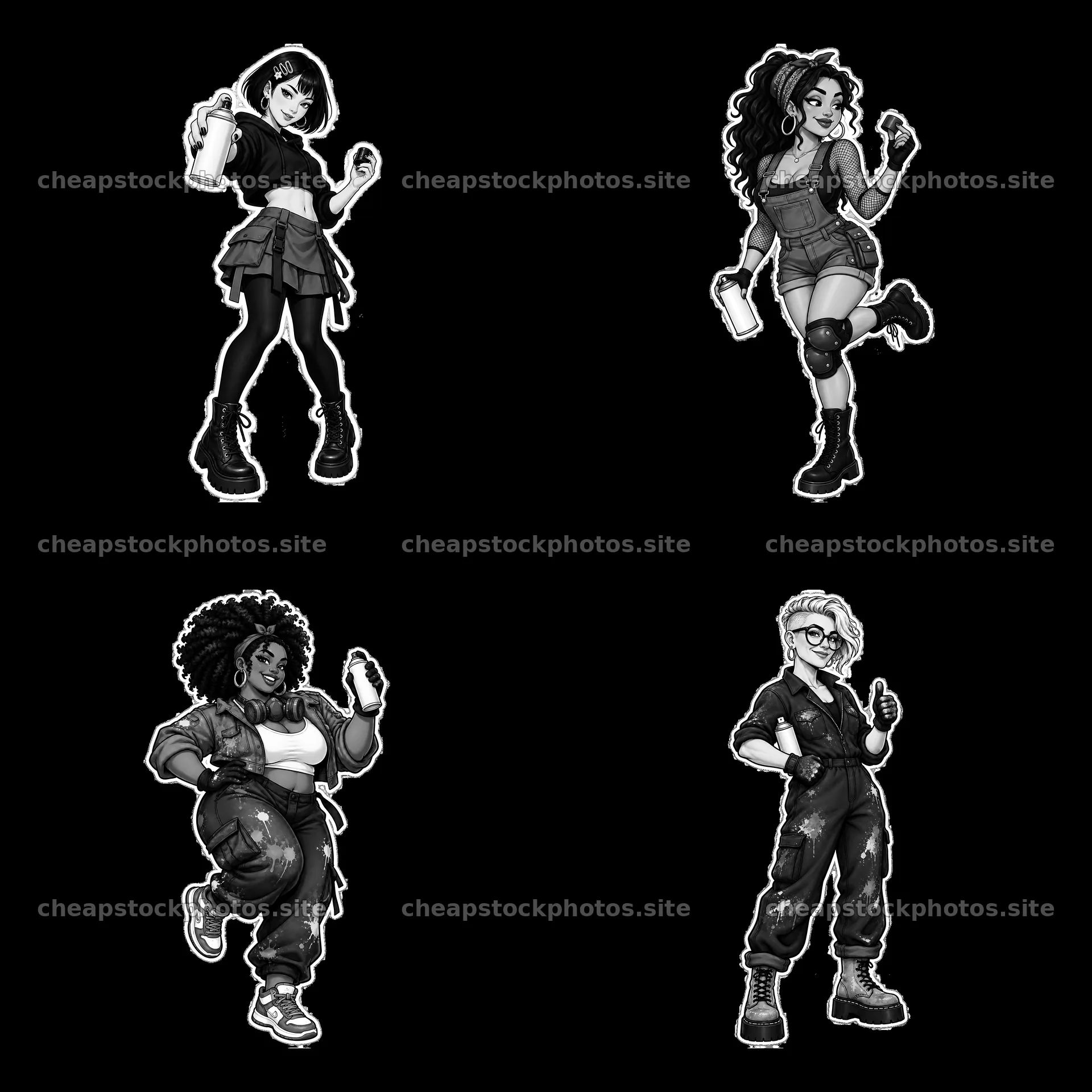 Sexy female graffiti sprayers in monochrome cartoon illustration – stock photos 7746x7746