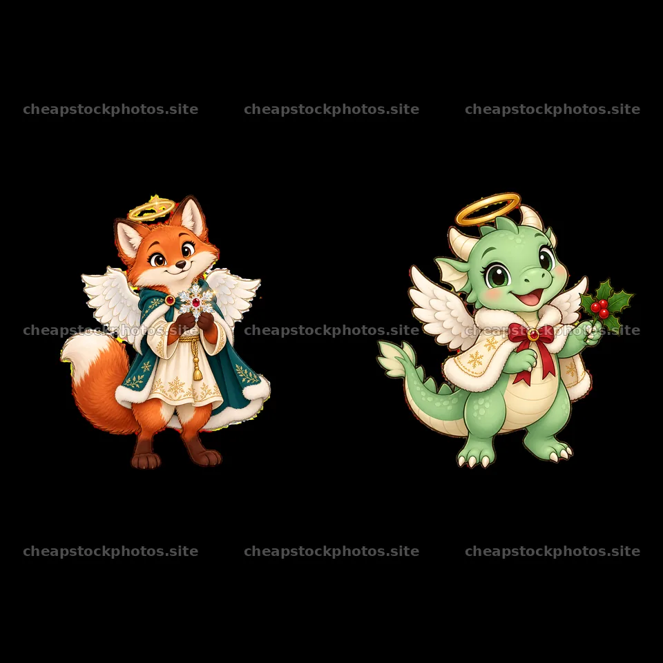 Christmas angel fox and dragon characters with holiday accessories – stock photos 7746x7746