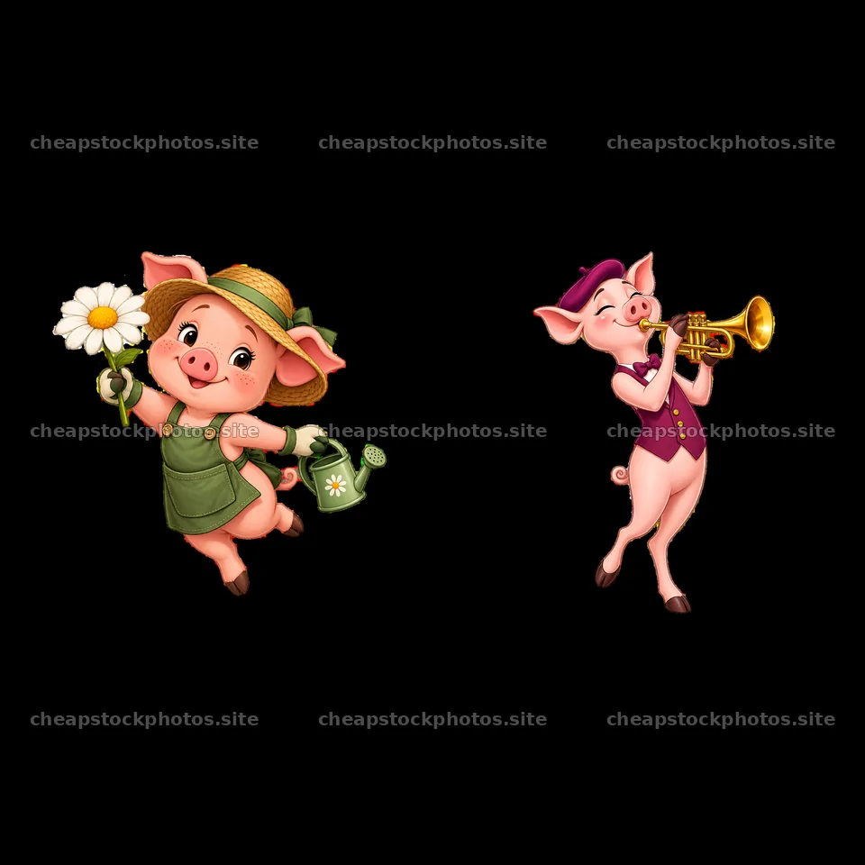 Cheerful pig in a hat with flower and pig playing trumpet – stock photos 7746x7746