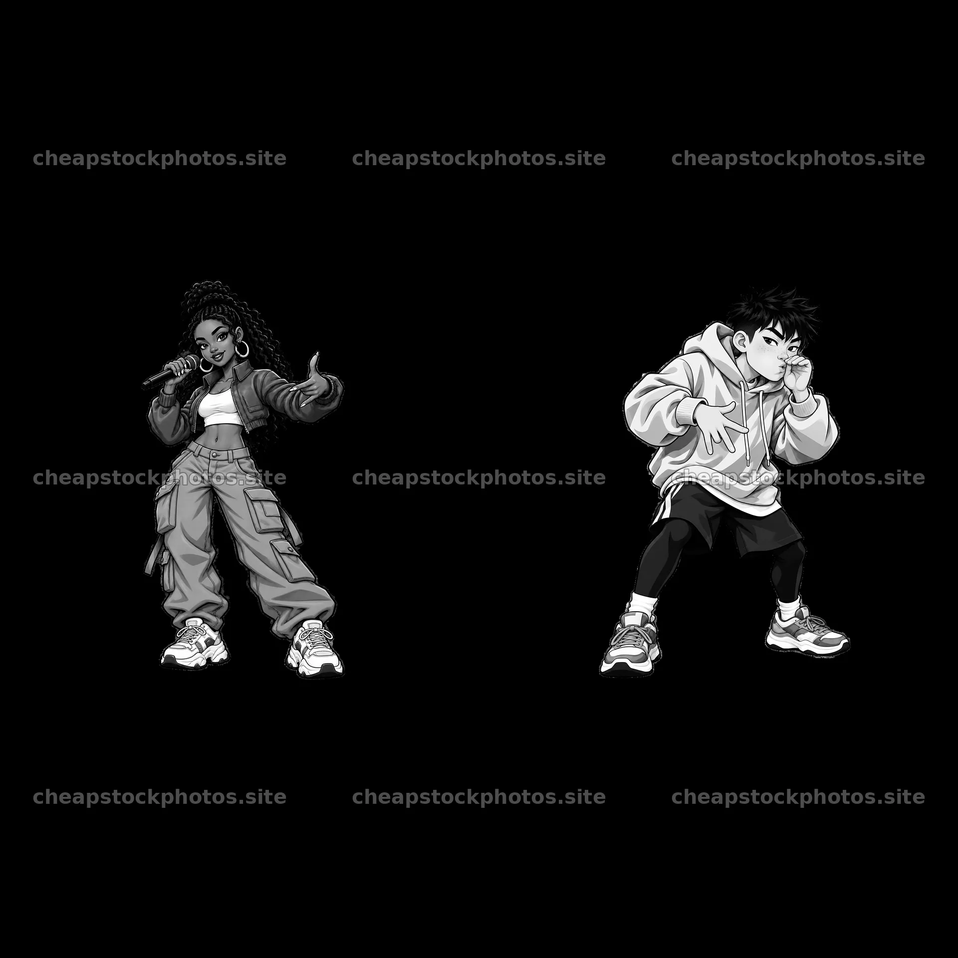 Hip-hop artists performing with microphones and dynamic poses – stock photos 7746x7746