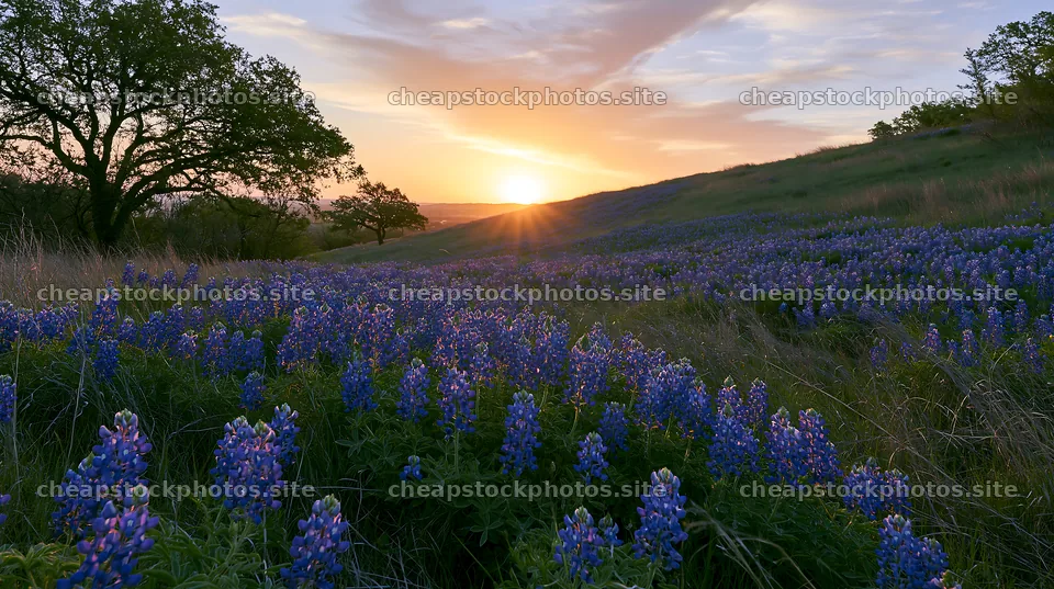 Bluebonnet meadow sunrise with vibrant flowers and morning light – stock photos 10608x5938