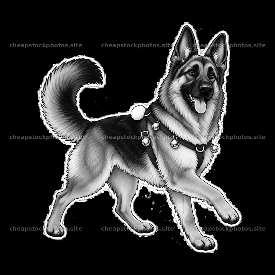 Christmas German Shepherd with bells and a festive harness – stock photos 7746x7746