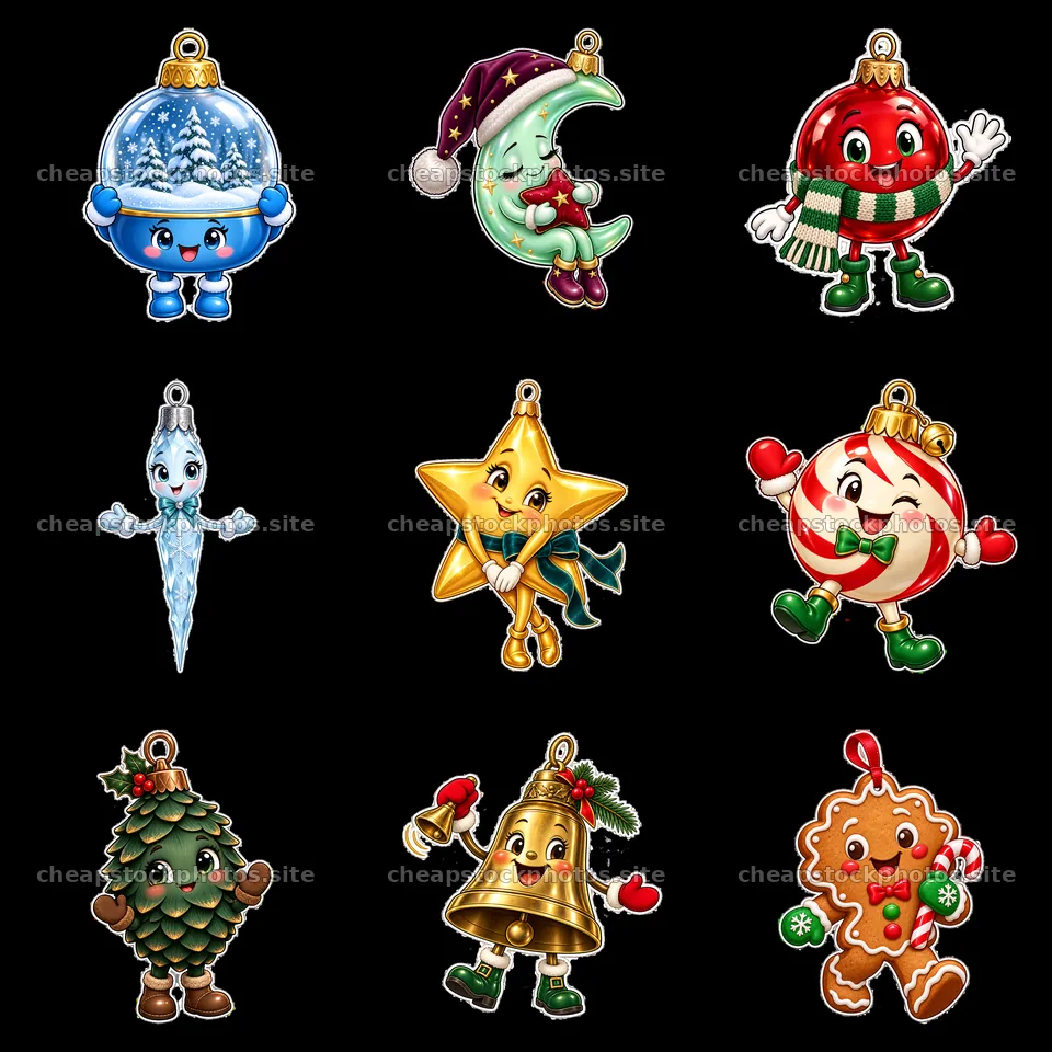 Nine colorful cartoon Christmas ornaments in a 3x3 layout – stock photos 7746x7746