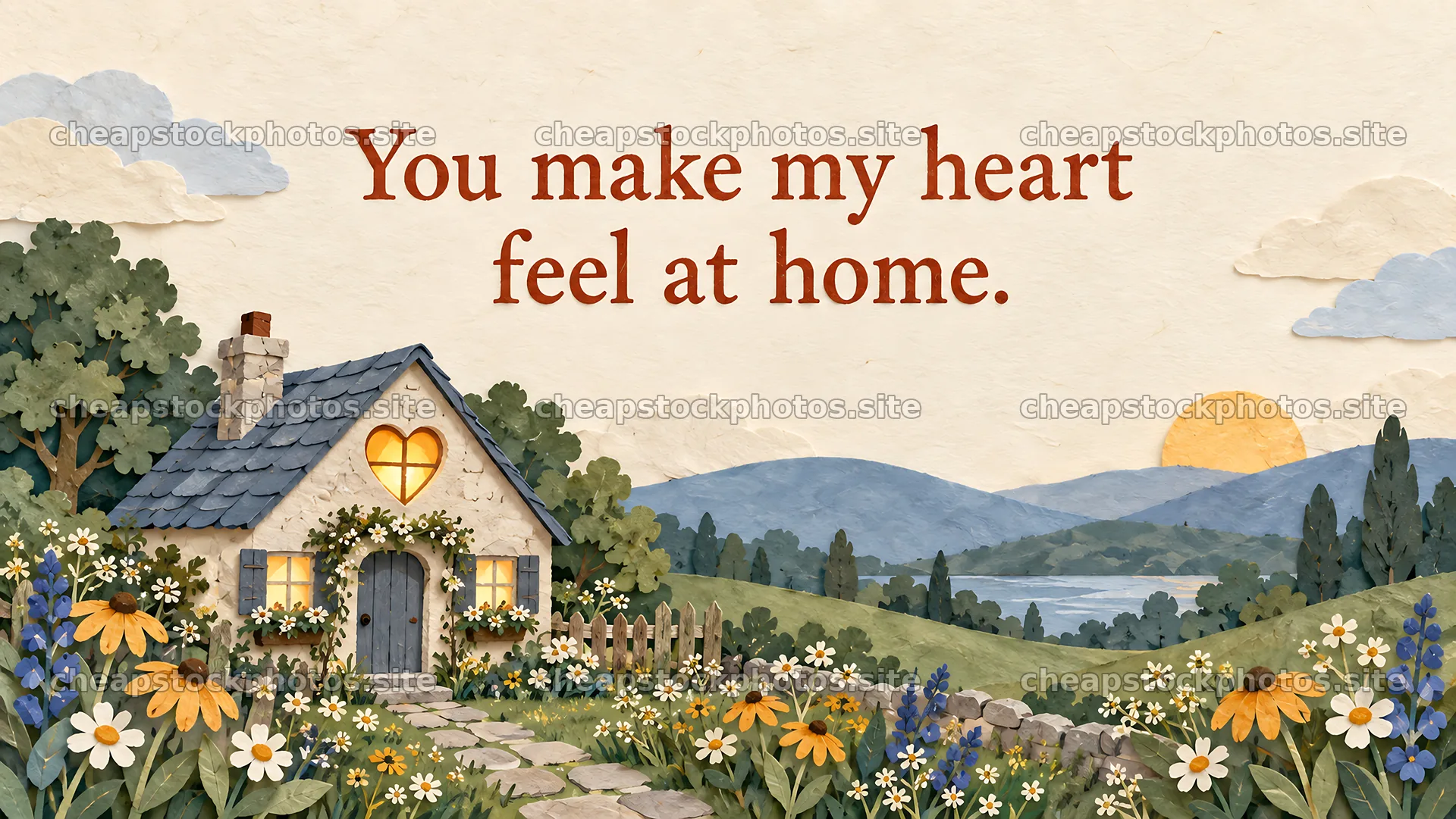 Cottage Love Greeting with Heart Window – stock photos 10324x5812