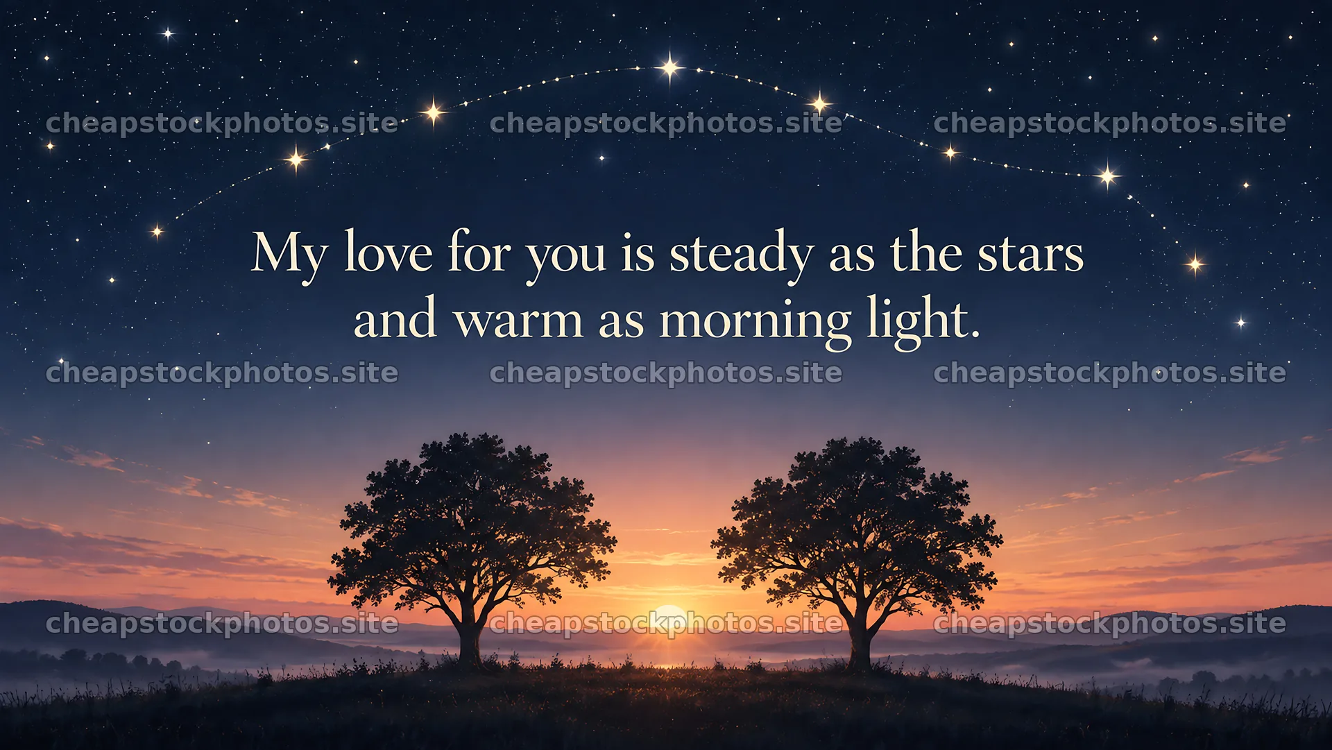 Romantic Sunrise Greeting Beneath a Starry Sky – stock photos 10324x5812