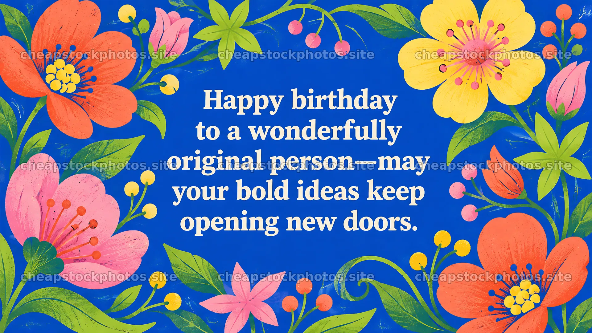 Floral Happy Birthday Greeting on Blue – stock photos 10324x5812