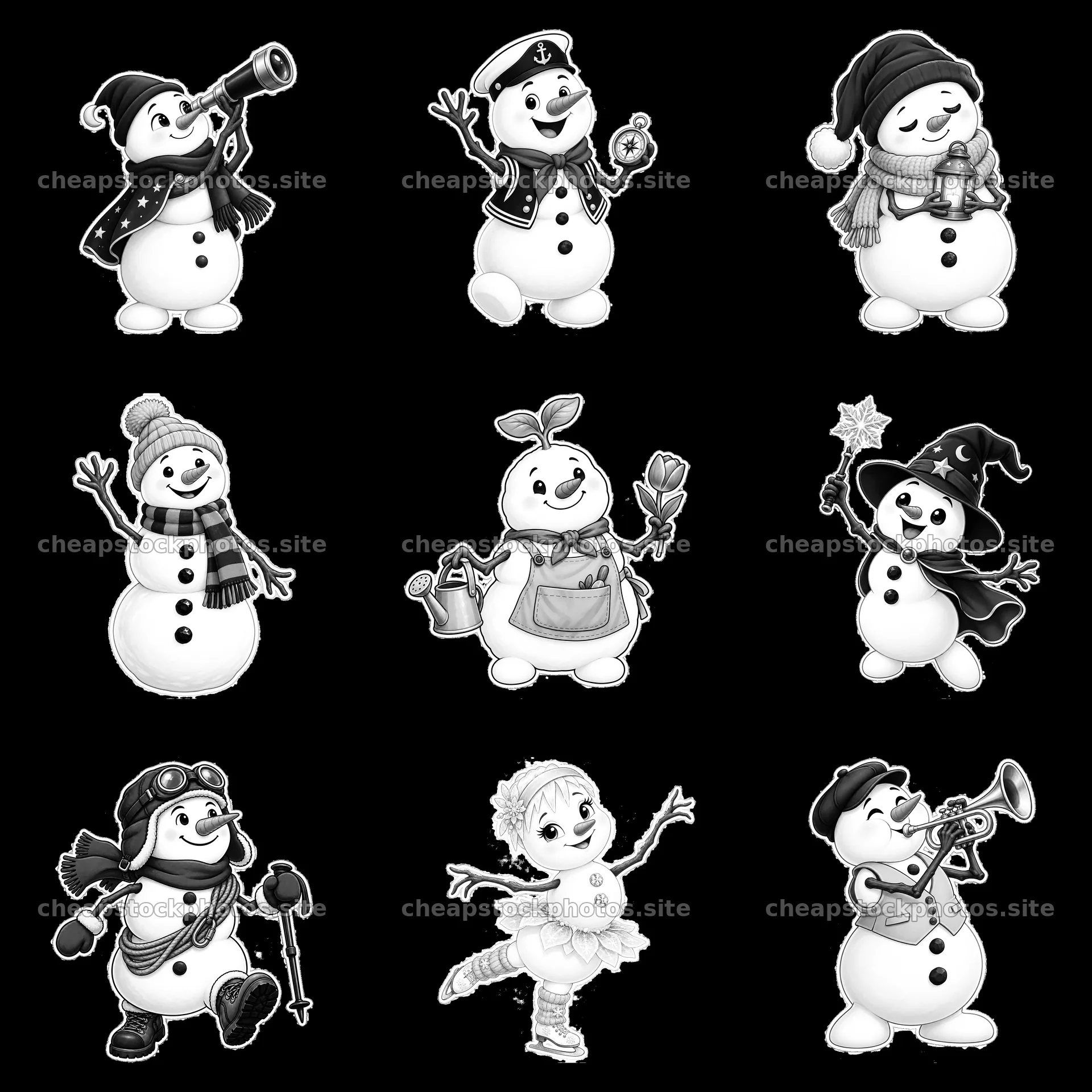 Snowmen engaged in various activities in a 3x3 arrangement – stock photos 7746x7746