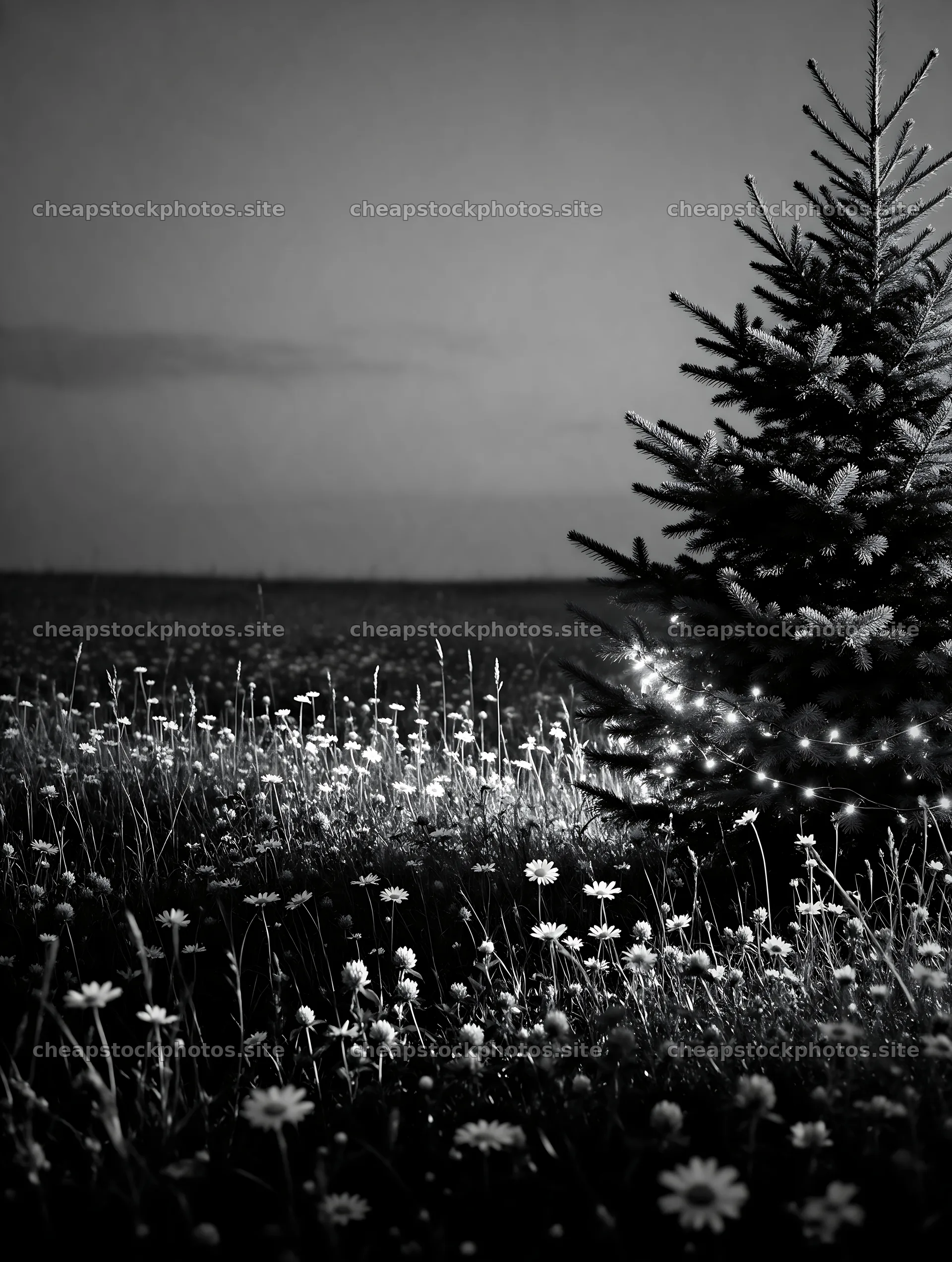 Vibrant Christmas tree in meadow at dusk – stock photos 6898x9134