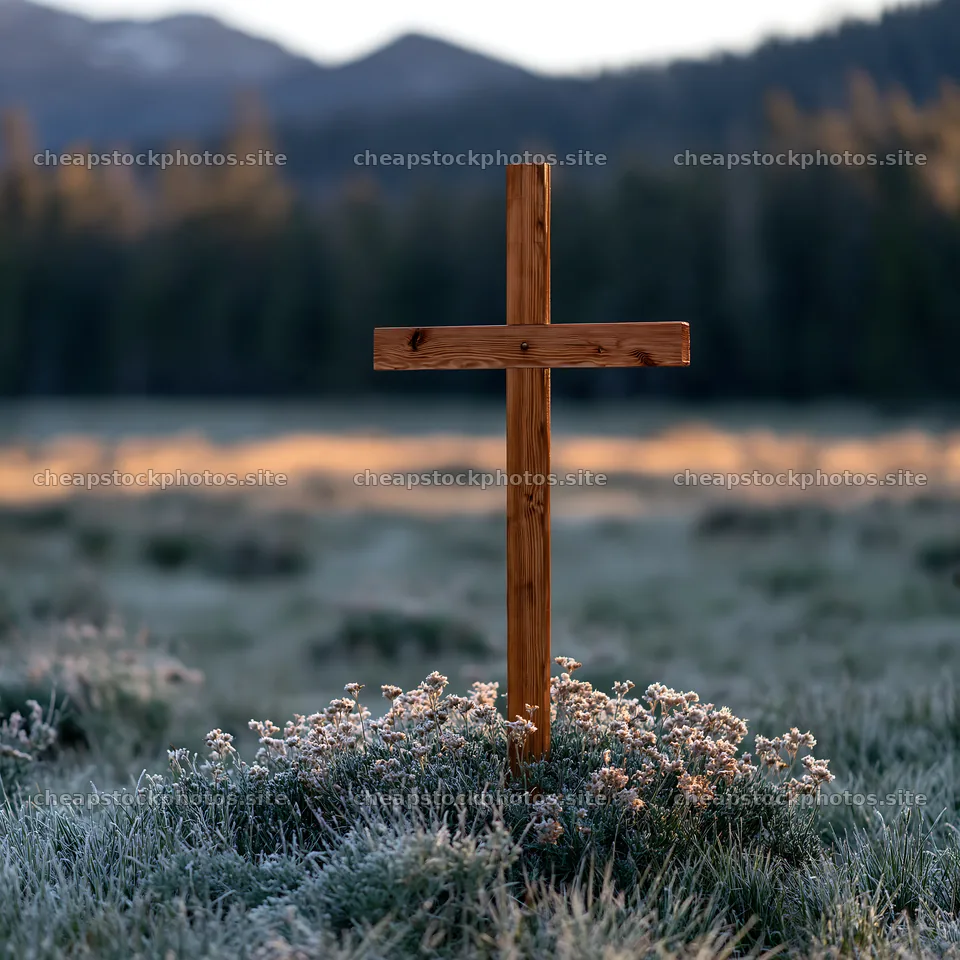 Wooden Christian cross in mountain meadow at sunrise – stock photos 7938x7938