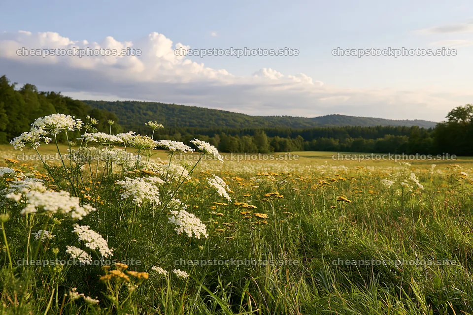 Sunny umbel flower meadow with a blue sky and distant hills – stock photos 9722x6480