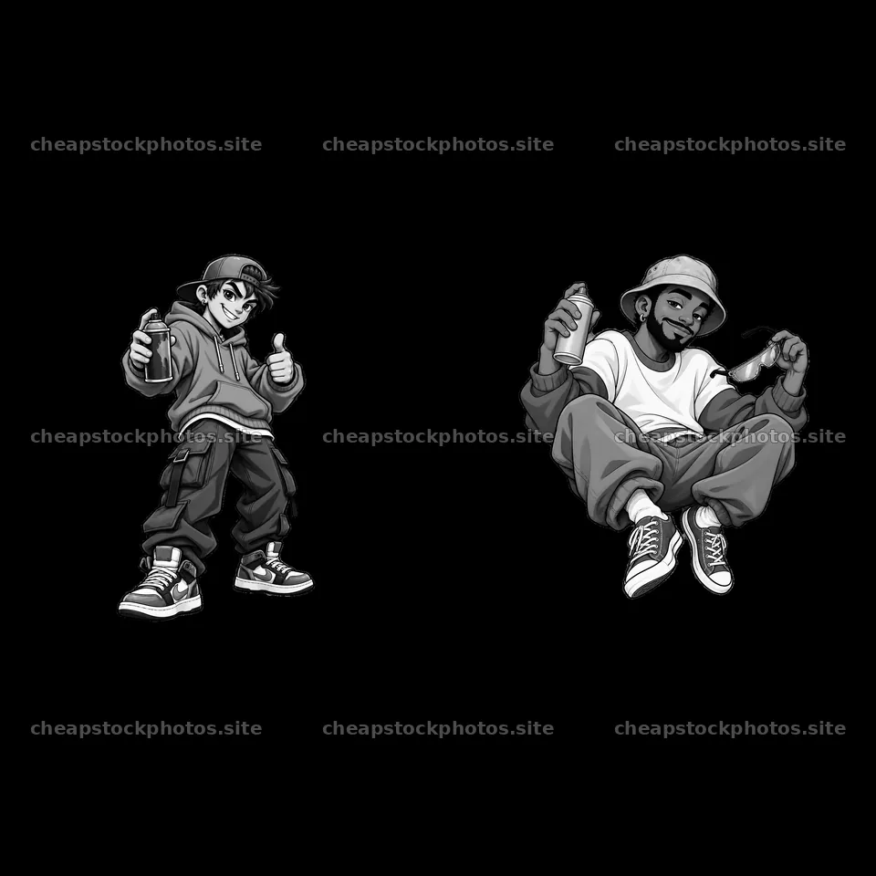 Graffiti sprayer duo giving thumbs up and holding spray can – stock photos 7746x7746