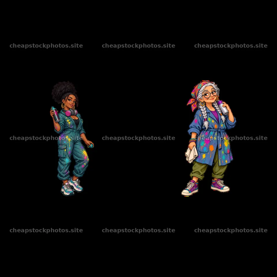 Graffiti sprayer duo in colorful outfits holding spray cans – stock photos 7746x7746