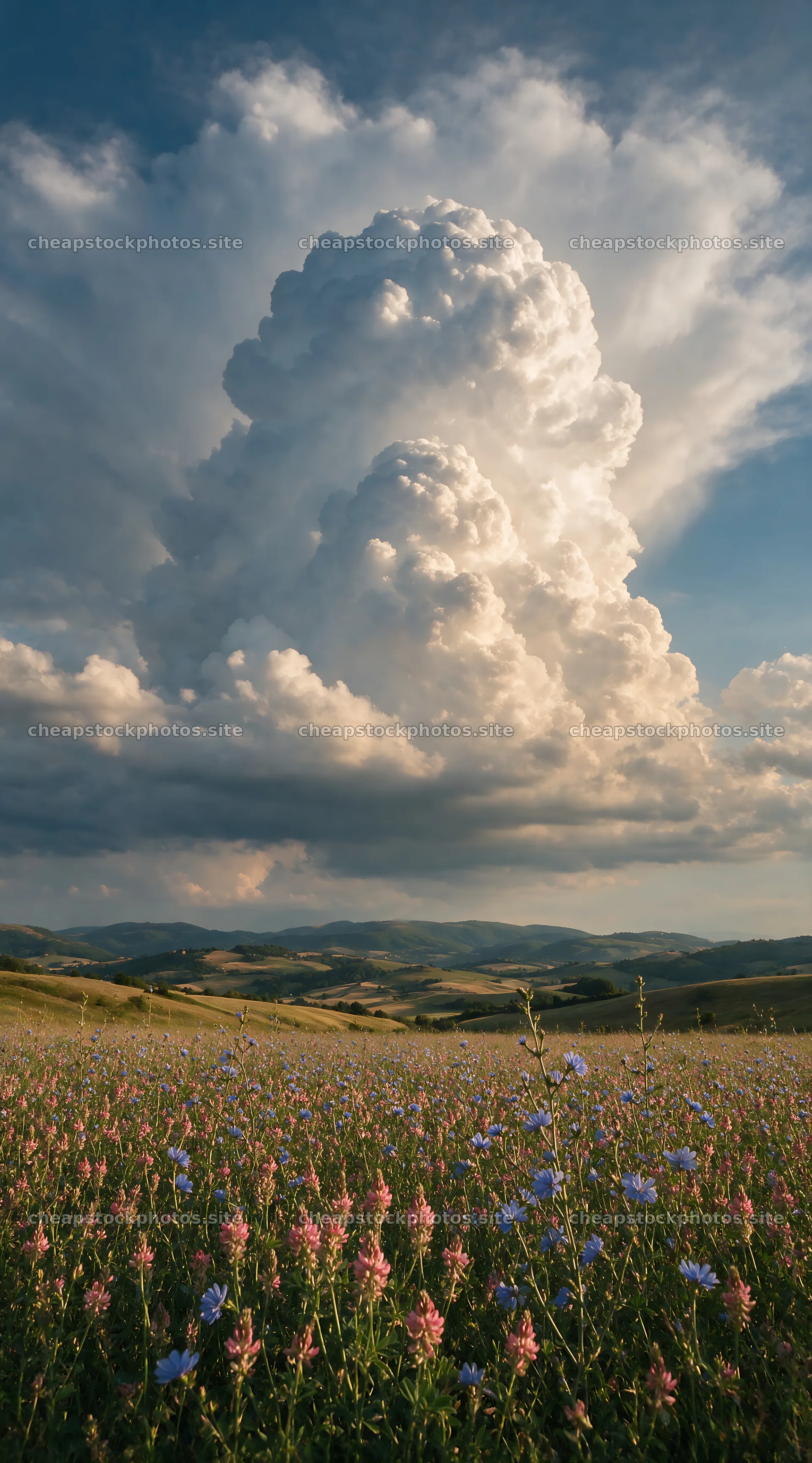 Sainfoin chicory meadow under a cloudy sky – stock photos 5916x10648