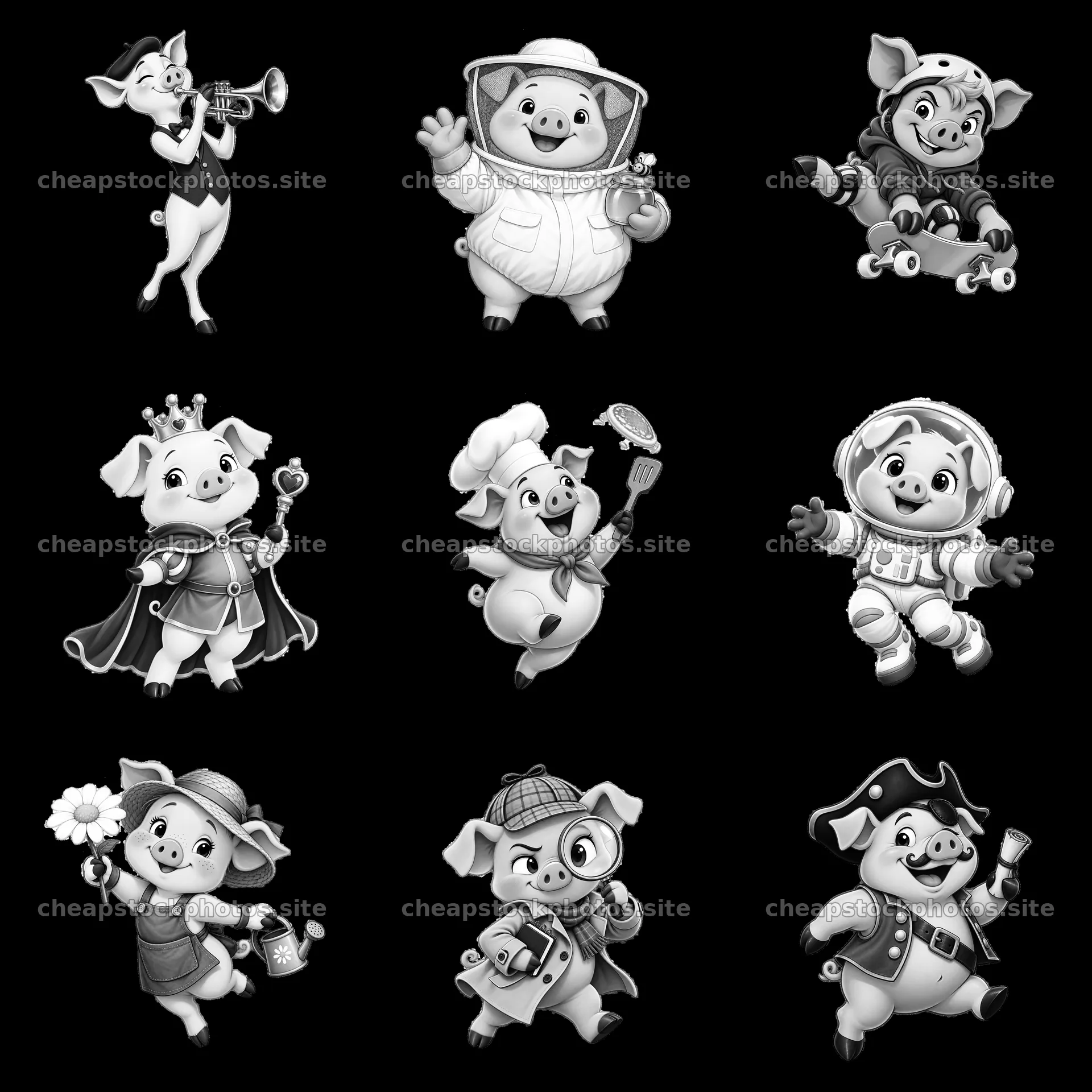 Different cartoon pig characters showing various activities – stock photos 7746x7746