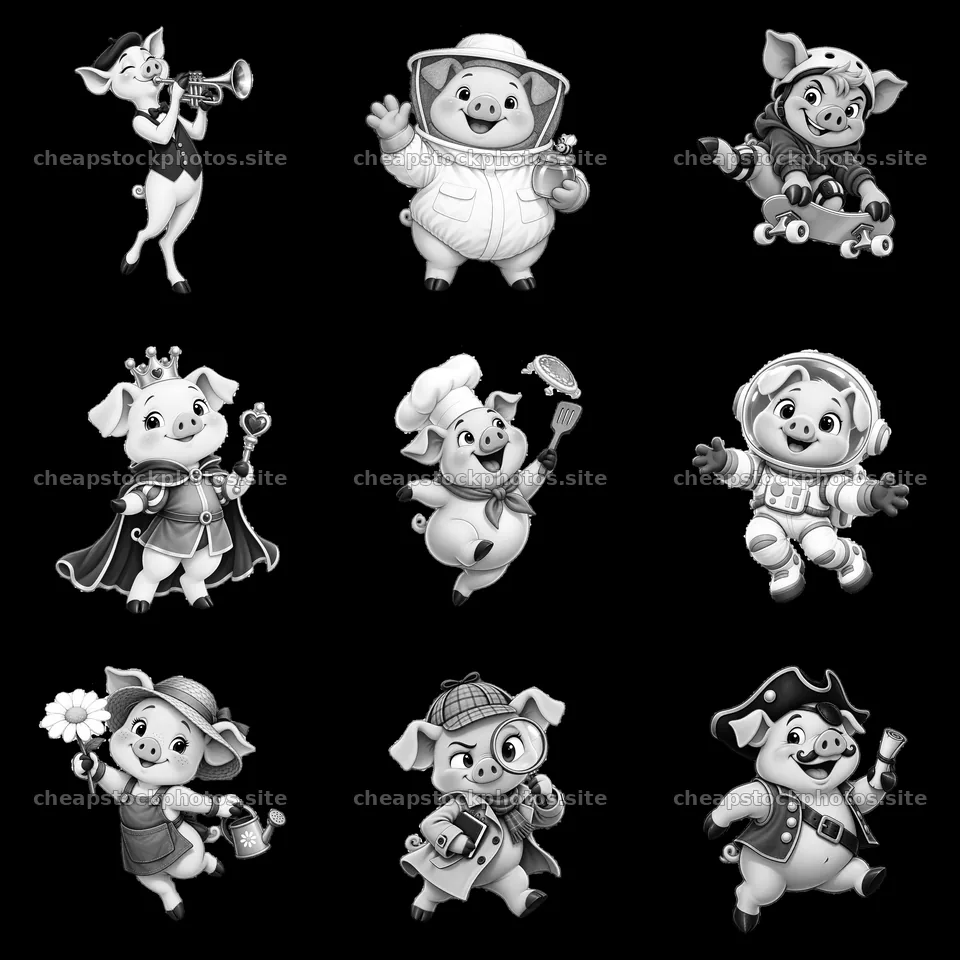 Different cartoon pig characters showing various activities – stock photos 7746x7746