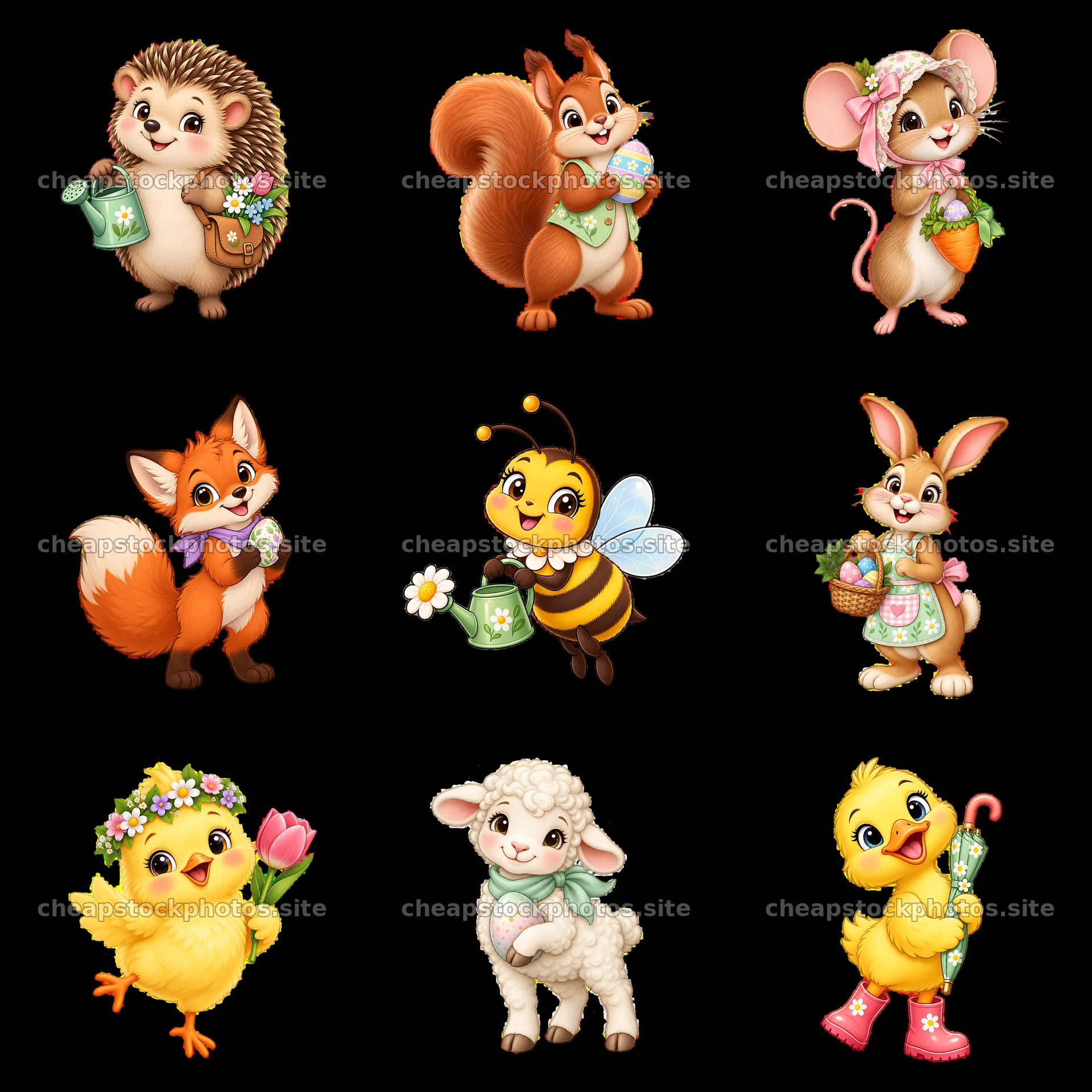 Colorful cartoon animals celebrate Easter in a meadow setting – stock photos 7746x7746