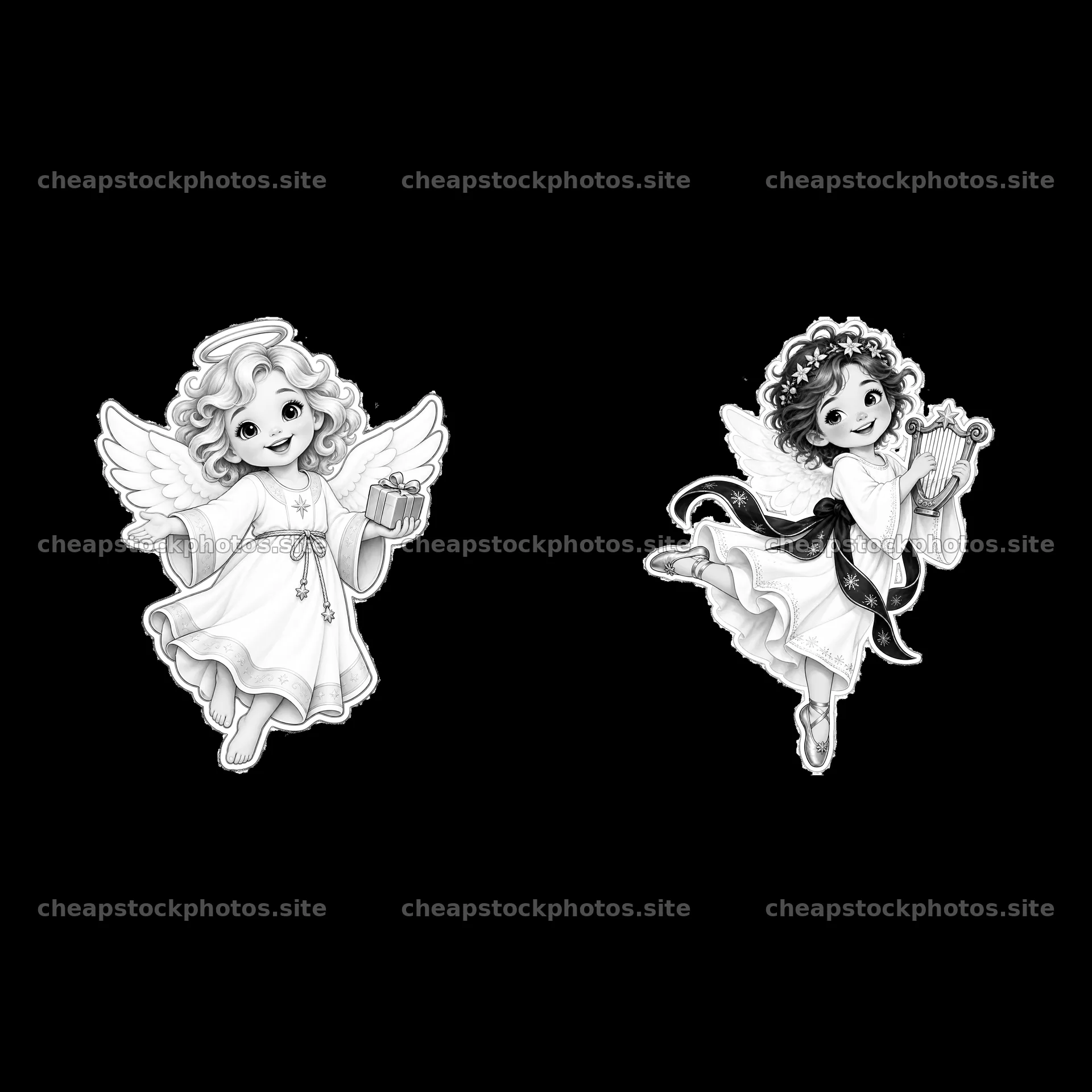 Christkind with gift and angel playing harp in monochrome design – stock photos 7746x7746