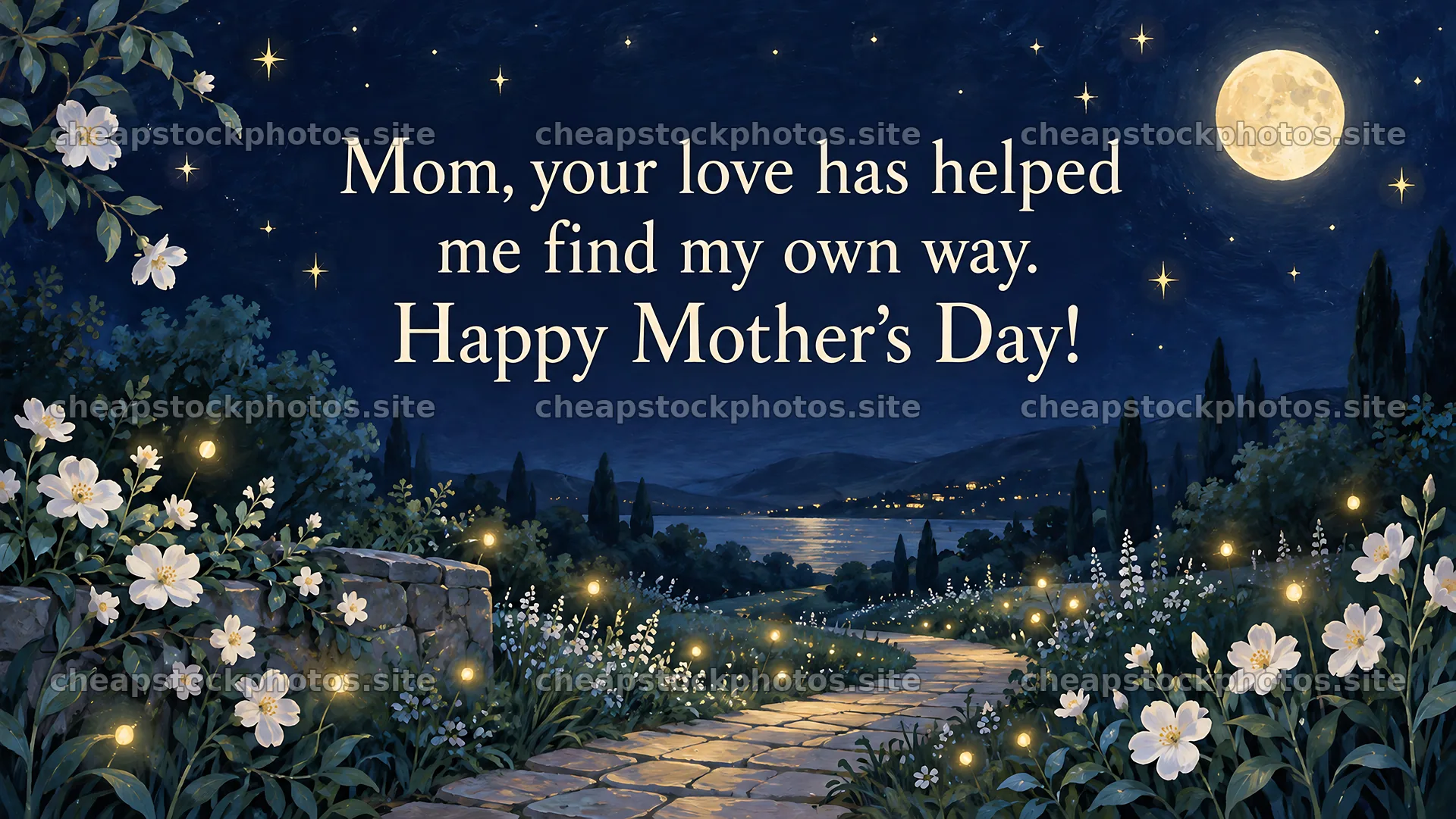 Moonlit Mother's Day Greeting with Garden Flowers – stock photos 10324x5812