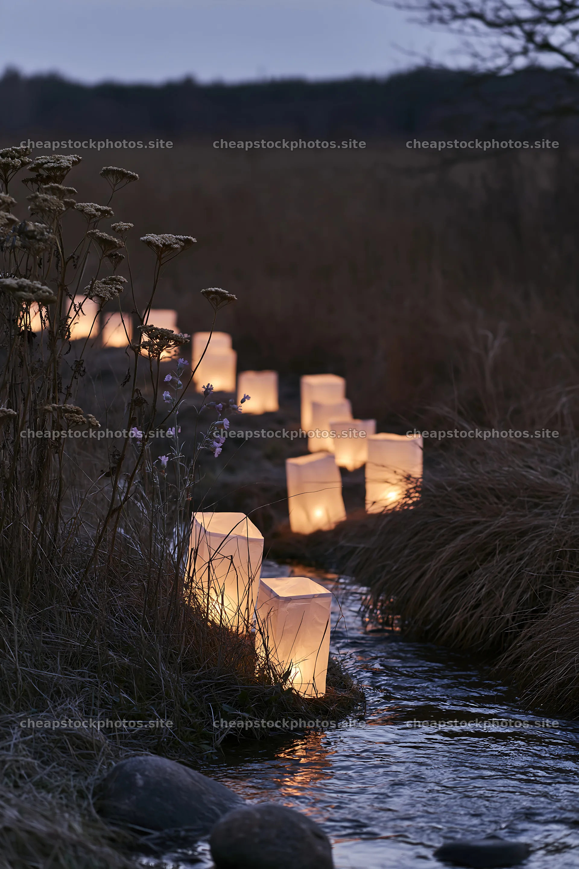 Christmas lanterns beside stream in meadow at dusk – stock photos 6480x9722