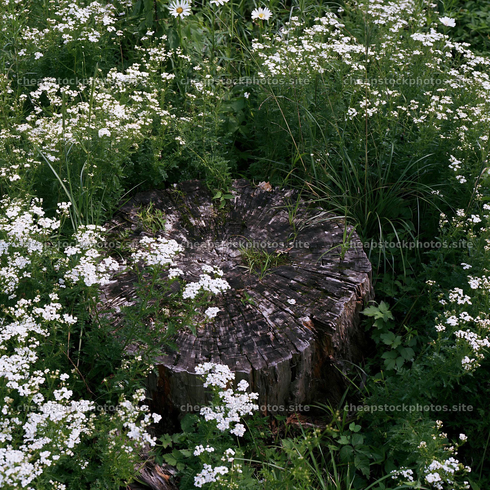 Fukushima native meadow with weathered stump surrounded by flowers – stock photos 7938x7938