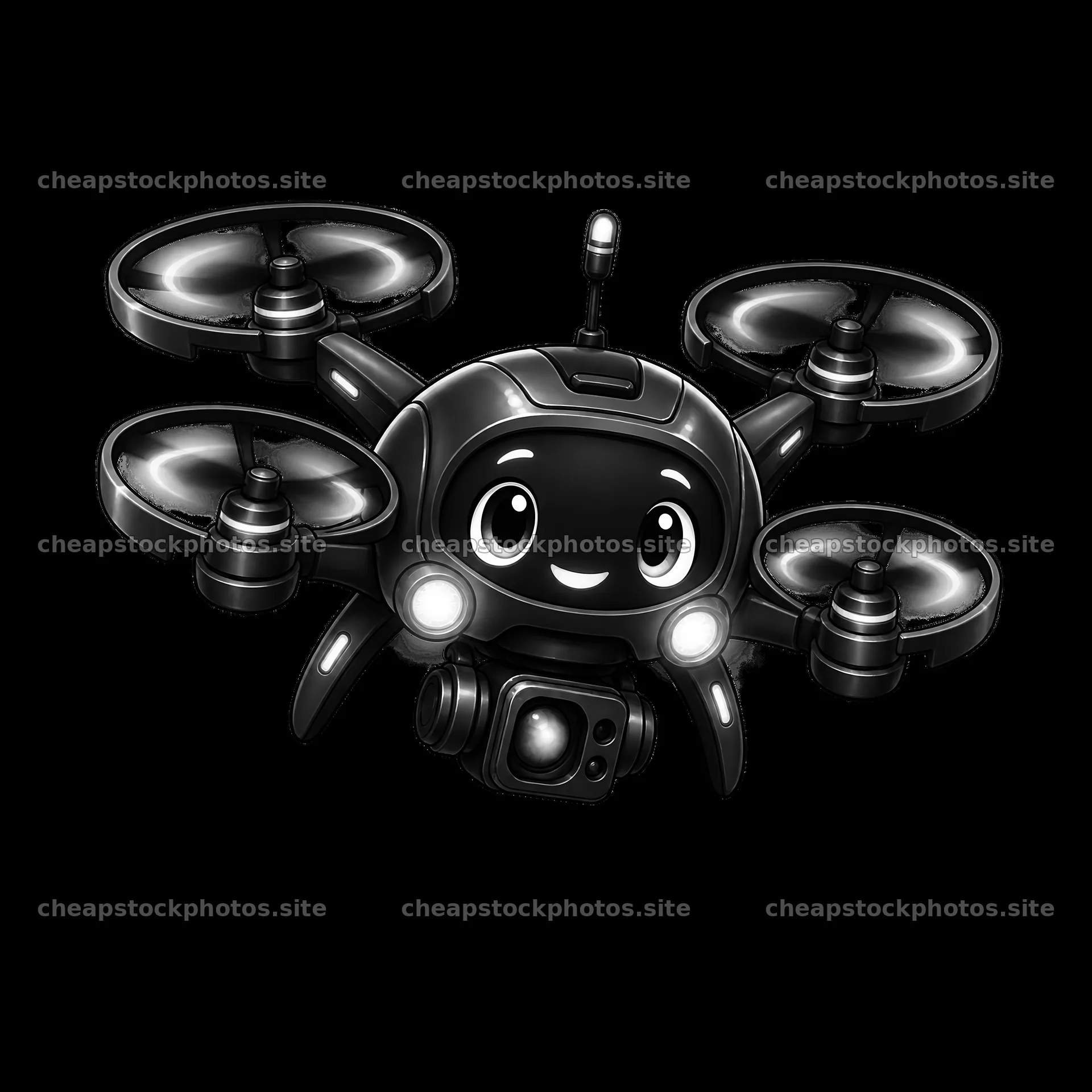 Cartoon drone character with smiling face and camera attachment – stock photos 7746x7746