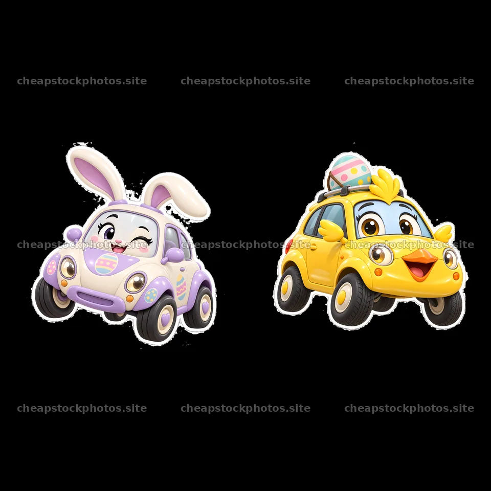 Easter-themed cartoon car stickers featuring bunny and chick – stock photos 7746x7746
