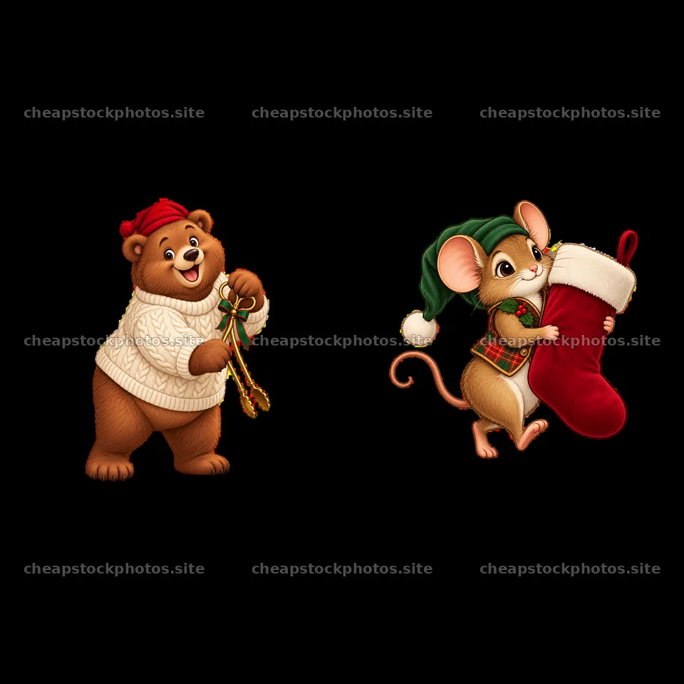 Bear and mouse preparing gifts by the Christmas fireplace – stock photos 7746x7746