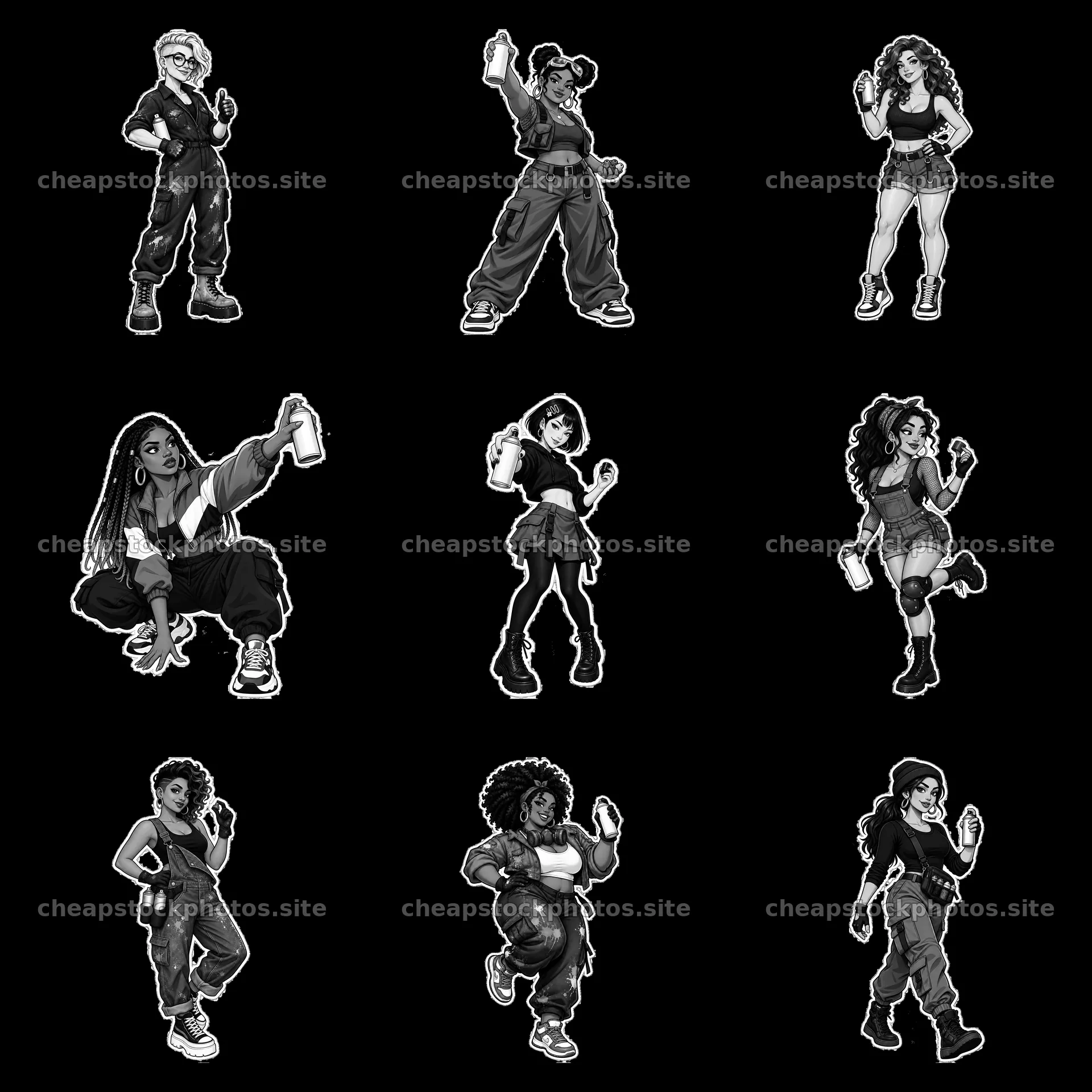 Graffiti sprayer cartoon characters in a 3x3 grid layout – stock photos 7746x7746