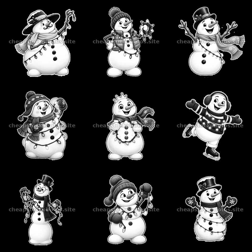 Snowmen with string lights in a 3x3 grid layout – stock photos 7746x7746