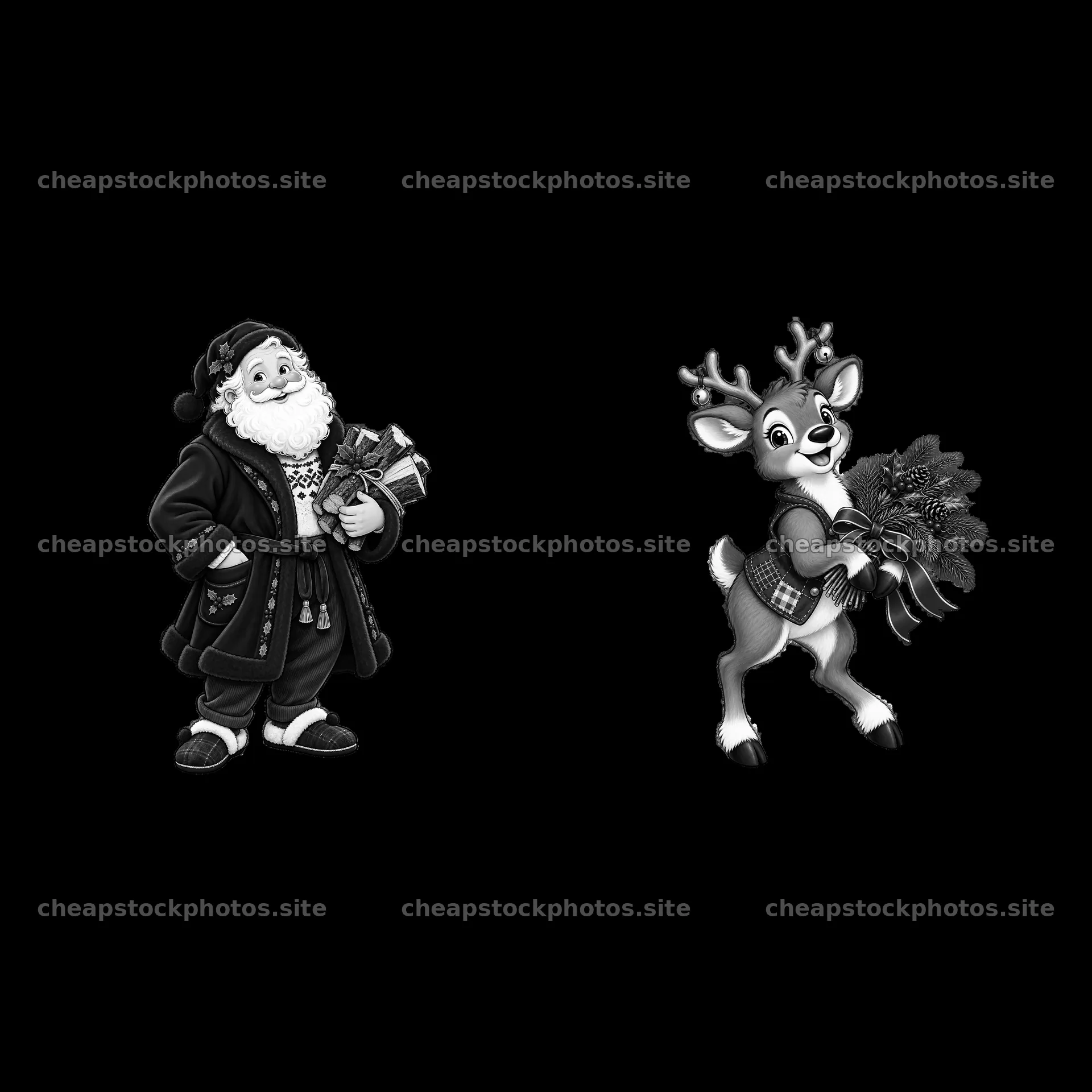 Santa Claus with gifts and reindeer holding a wreath – stock photos 7746x7746
