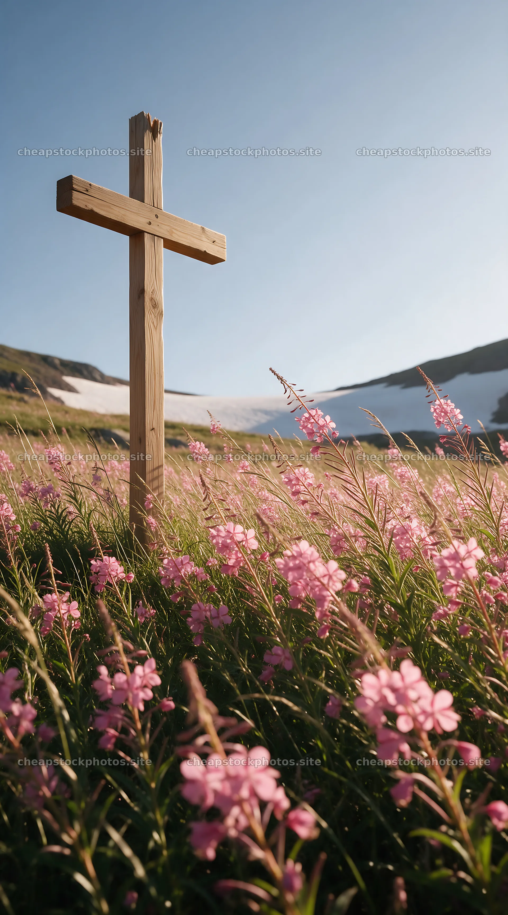 Christian cross in mountain meadow with flowers in winter – stock photos 5916x10648
