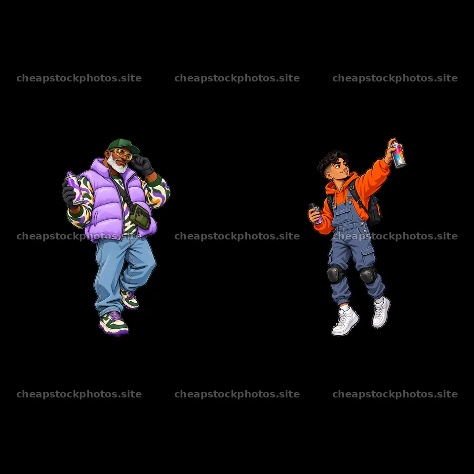 Cartoon graffiti sprayers in streetwear style with spray cans – stock photos 7746x7746