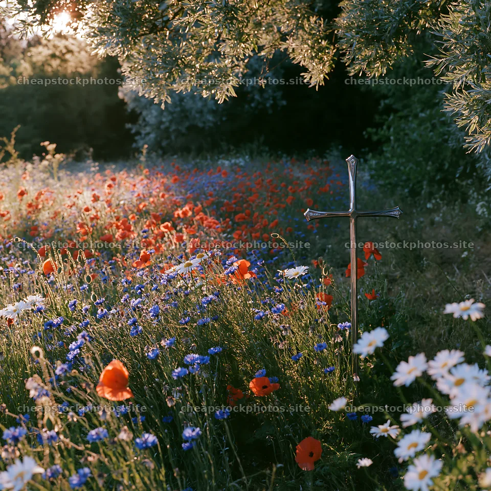 Christian cross surrounded by flowers in a meadow – stock photos 7938x7938