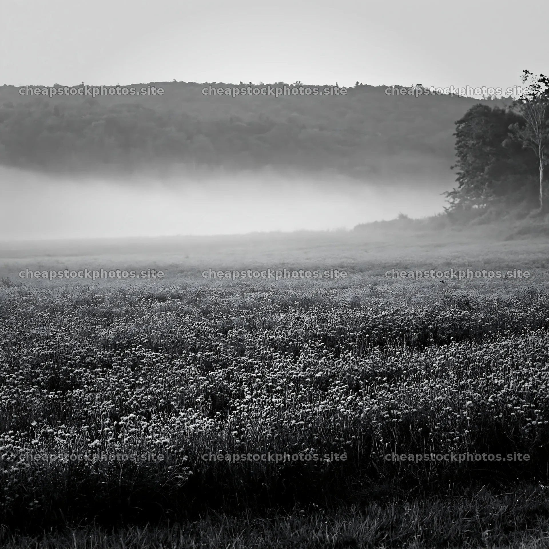 Violet knapweed meadow with fog in the early morning – stock photos 7938x7938