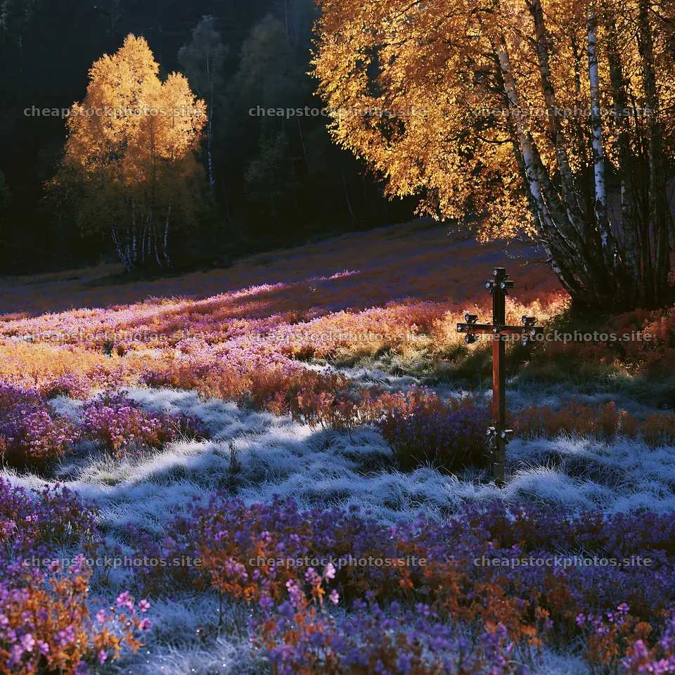Christian cross in frost covered meadow with fall colors – stock photos 7938x7938
