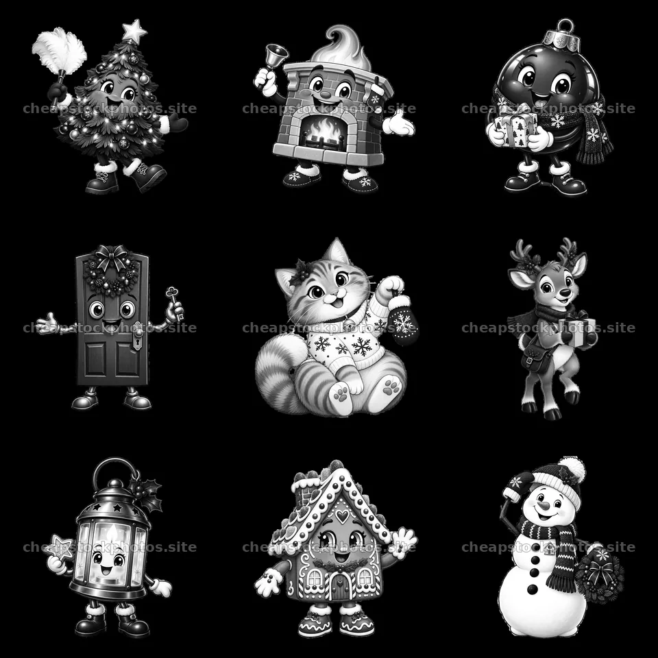 Christmas characters in a grid with festive elements – stock photos 7746x7746